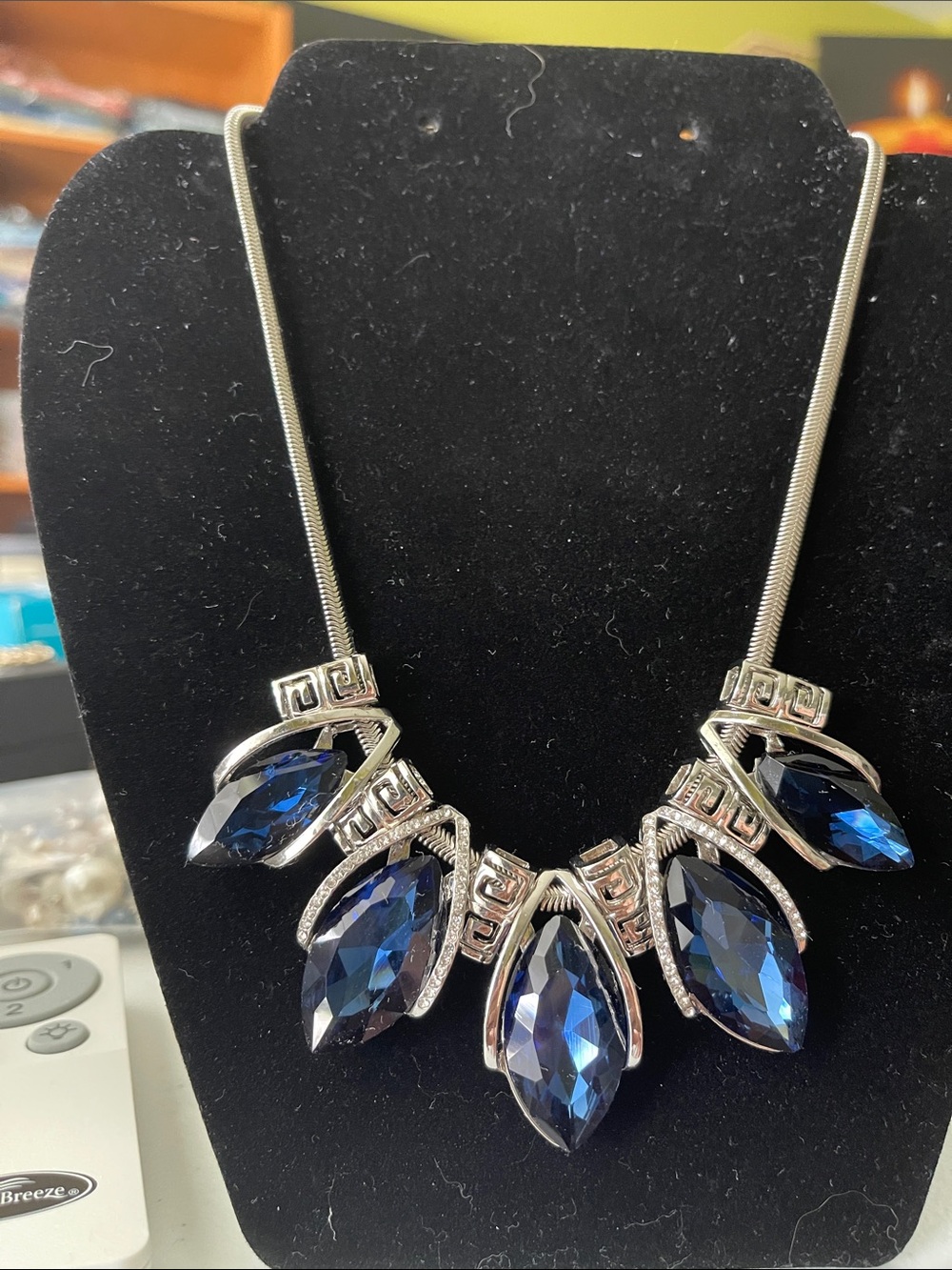 Elegant, striking Silver Necklace with Sapphire Blue Marquise Crystals